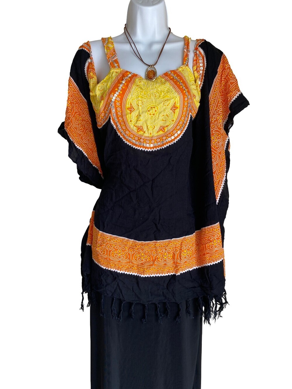 VTG Womens Plus 2X Boho Black Orange Dashiki Poncho Shawl Kimono Cardigan Blouse